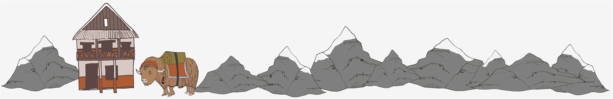 Tegning af bjerge, et hus og en okse